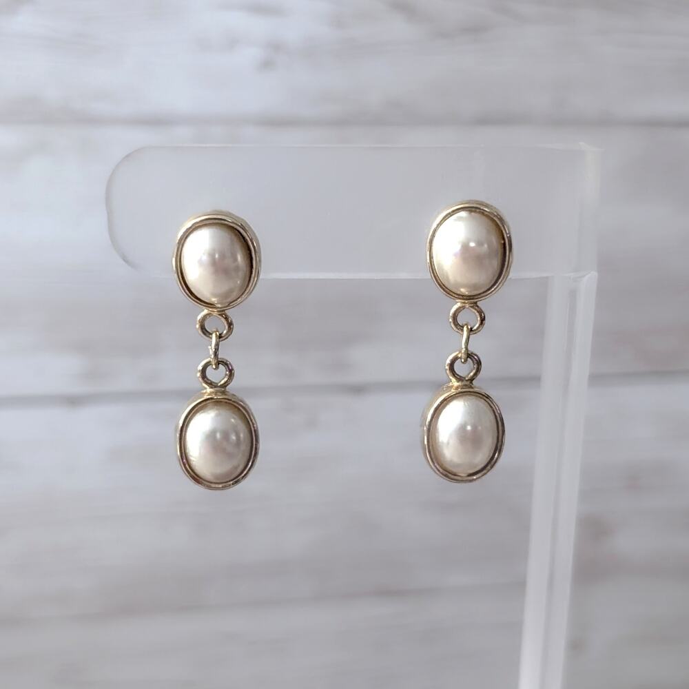 Vintage Stud Earrings - Gold Tone Faux Pearl Dangle